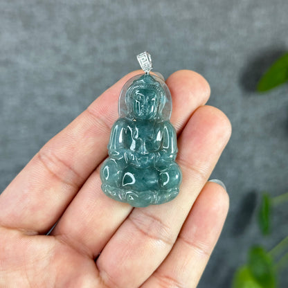 Pendentif en jade jadéite Quan The Am Buddha vert d'eau glacée avec crochet en or blanc 18 carats