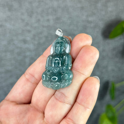 Pendentif en jade jadéite Quan The Am Buddha vert d'eau glacée avec crochet en or blanc 18 carats