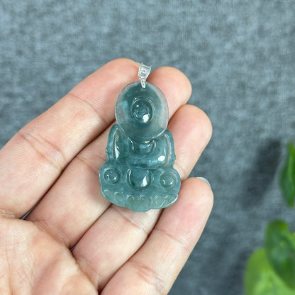 Pendentif en jade jadéite Quan The Am Buddha vert d'eau glacée avec crochet en or blanc 18 carats