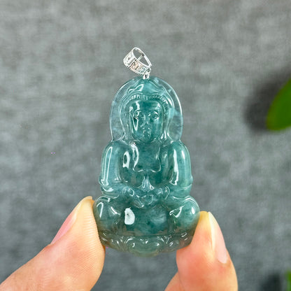 Pendentif en jade jadéite Quan The Am Buddha vert d'eau glacée avec crochet en or blanc 18 carats