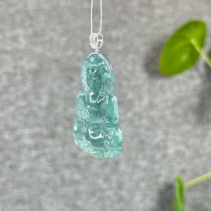 Pendentif en jade jadéite Quan The Am Buddha vert d'eau glacée avec crochet en or blanc 18 carats