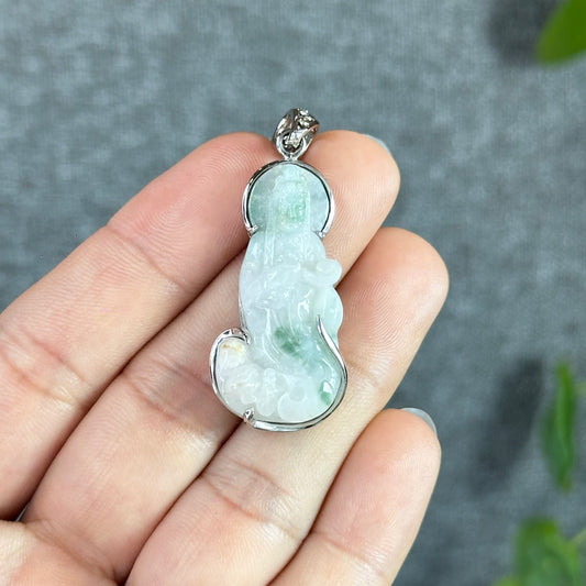 Floral Vert Clair Quan The Am Bouddha Jadéite Jade Pendentif Blanc Or 10 carats Réglage Simple