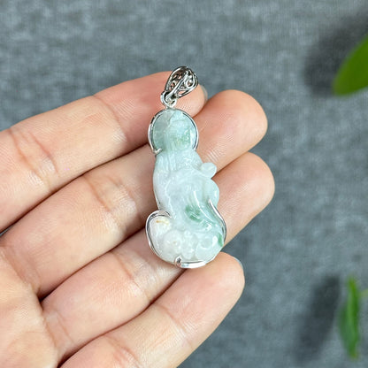 Floral Vert Clair Quan The Am Bouddha Jadéite Jade Pendentif Blanc Or 10 carats Réglage Simple