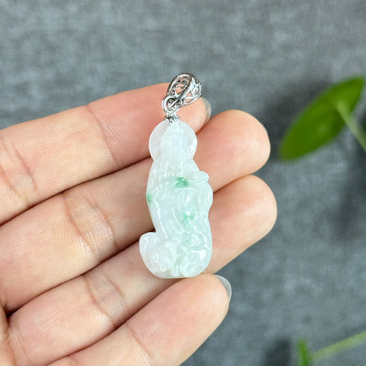 Floral Light Green Quan The Am Buddha Natural Jadeite Jade Pendant White 10k  Gold Hook