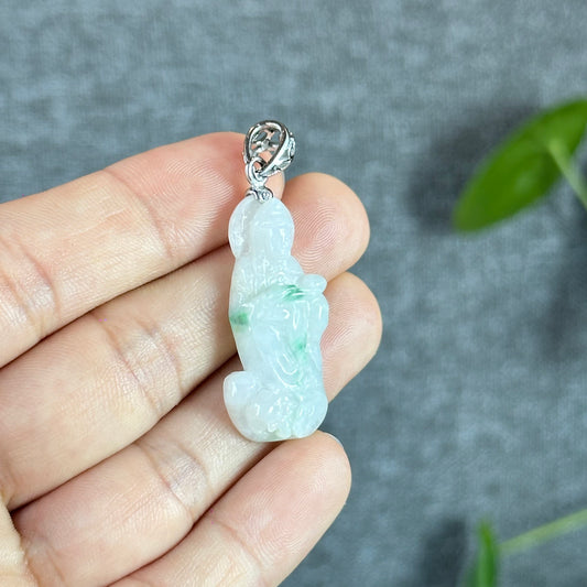 Floral Light Green Quan The Am Buddha Natural Jadeite Jade Pendant White 10k  Gold Hook