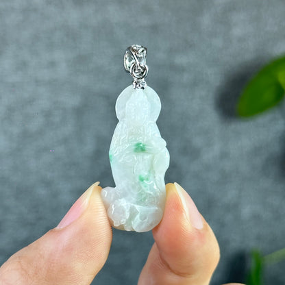 Floral Light Green Quan The Am Buddha Natural Jadeite Jade Pendant White 10k  Gold Hook