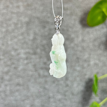 Floral Light Green Quan The Am Buddha Natural Jadeite Jade Pendant White 10k  Gold Hook