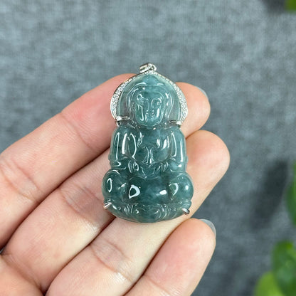 Icy Water Green Guan Yin (Quan The Am) Buddha Natural Jadeite Jade with White Stone Aura Pendant in Silver Simple setting