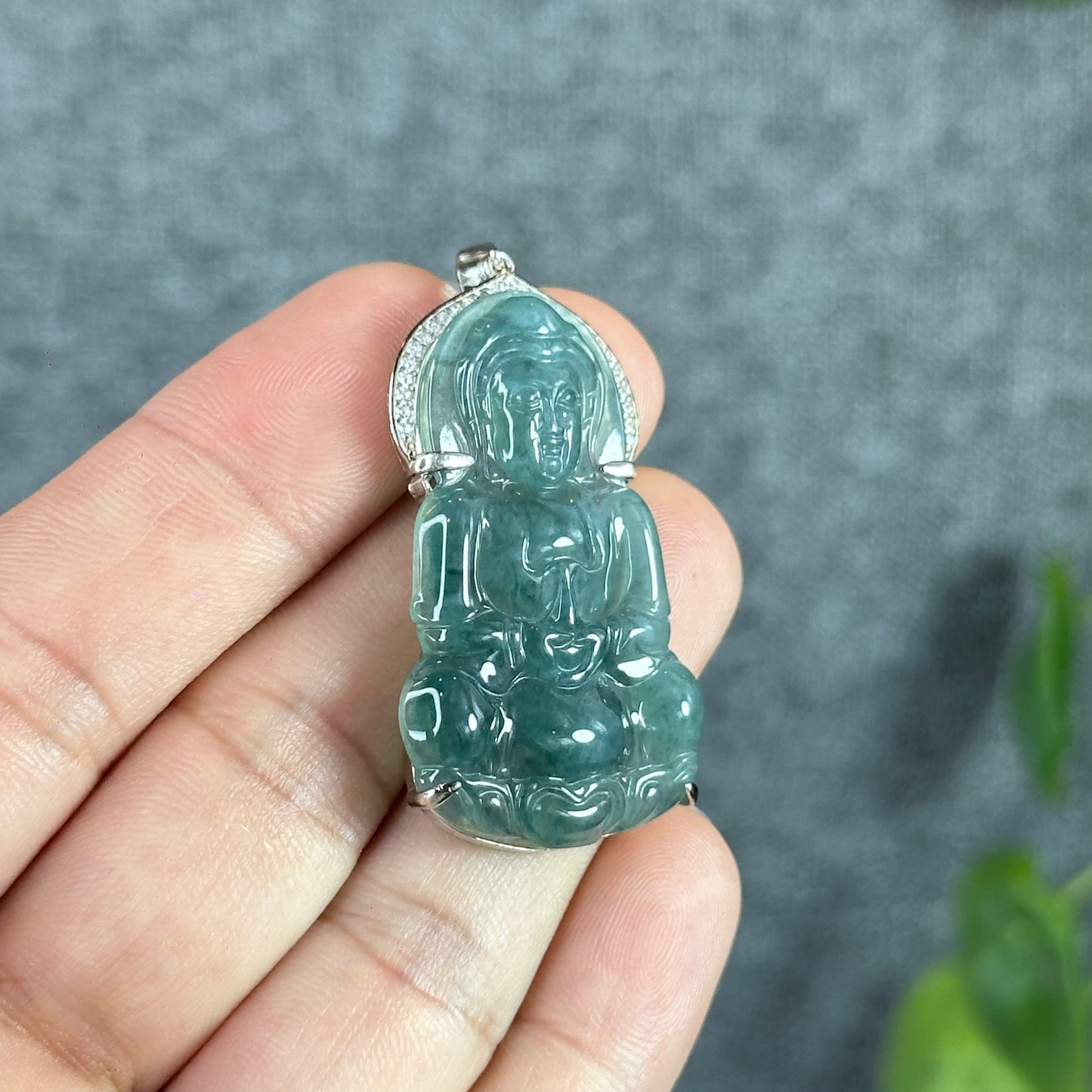 Icy Water Green Guan Yin (Quan The Am) Buddha Natural Jadeite Jade with White Stone Aura Pendant in Silver Simple setting