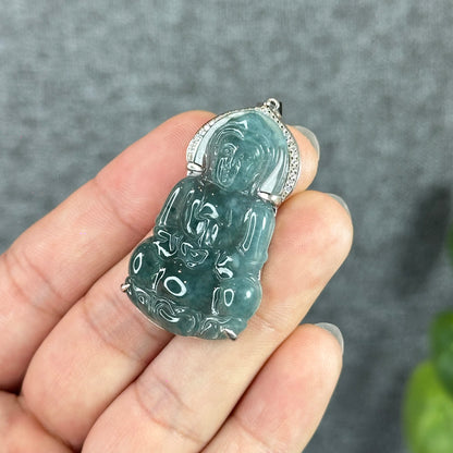 Icy Water Green Guan Yin (Quan The Am) Buddha Natural Jadeite Jade with White Stone Aura Pendant in Silver Simple setting