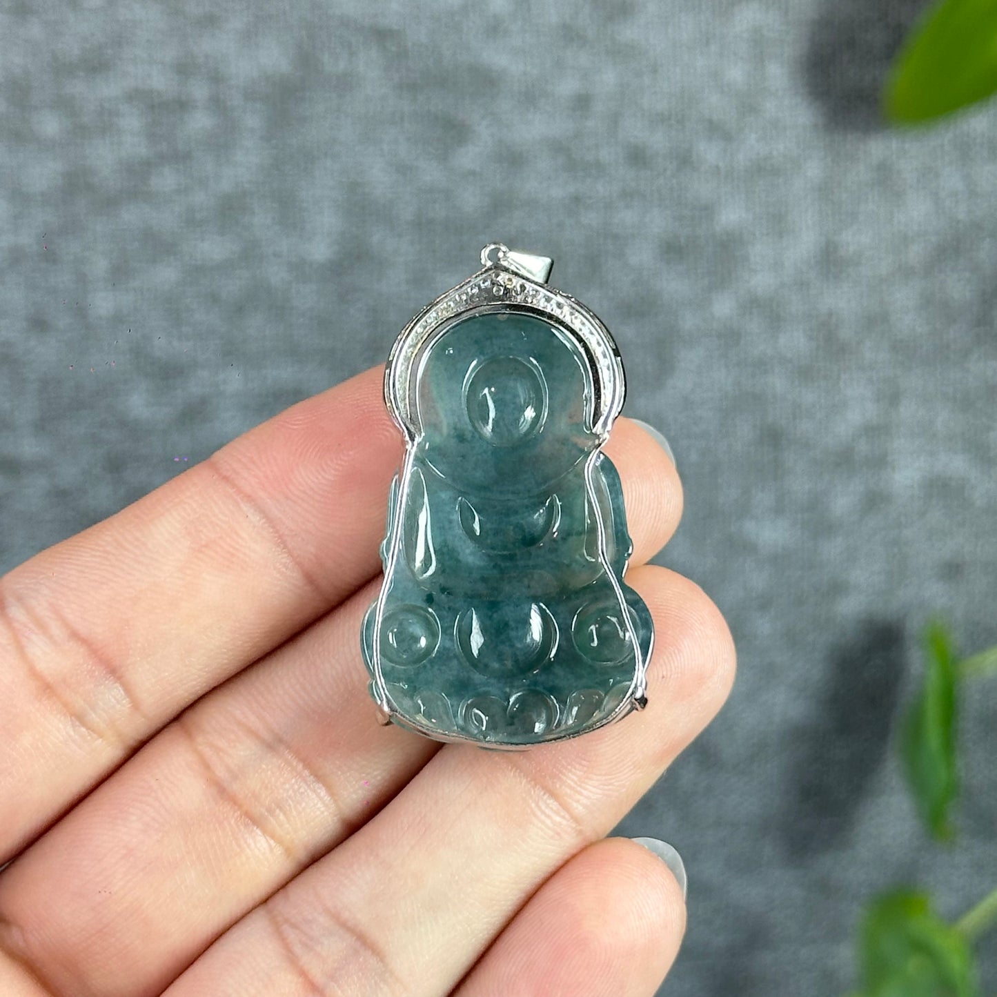 Icy Water Green Guan Yin (Quan The Am) Buddha Natural Jadeite Jade with White Stone Aura Pendant in Silver Simple setting