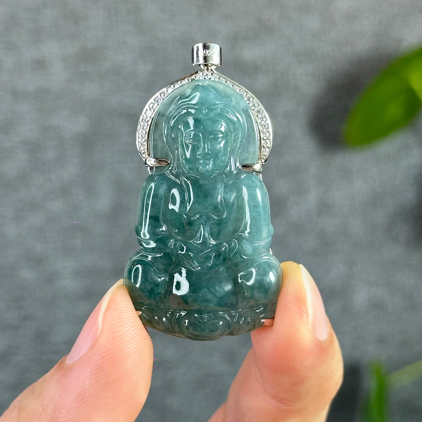 Icy Water Green Guan Yin (Quan The Am) Buddha Natural Jadeite Jade with White Stone Aura Pendant in Silver Simple setting