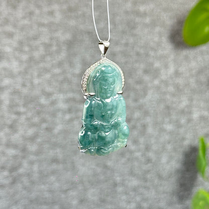 Icy Water Green Guan Yin (Quan The Am) Buddha Natural Jadeite Jade with White Stone Aura Pendant in Silver Simple setting