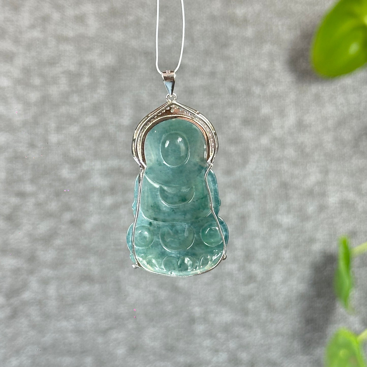 Icy Water Green Guan Yin (Quan The Am) Buddha Natural Jadeite Jade with White Stone Aura Pendant in Silver Simple setting