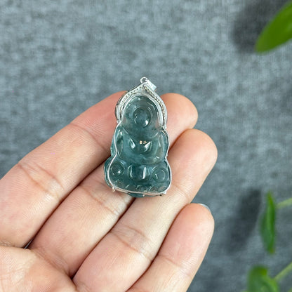 Icy Water Green Quan The Am Buddha Natural Jadeite Jade with White Stone Aura Pendant in Silver Simple setting