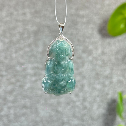 Icy Water Green Quan The Am Buddha Natural Jadeite Jade with White Stone Aura Pendant in Silver Simple setting