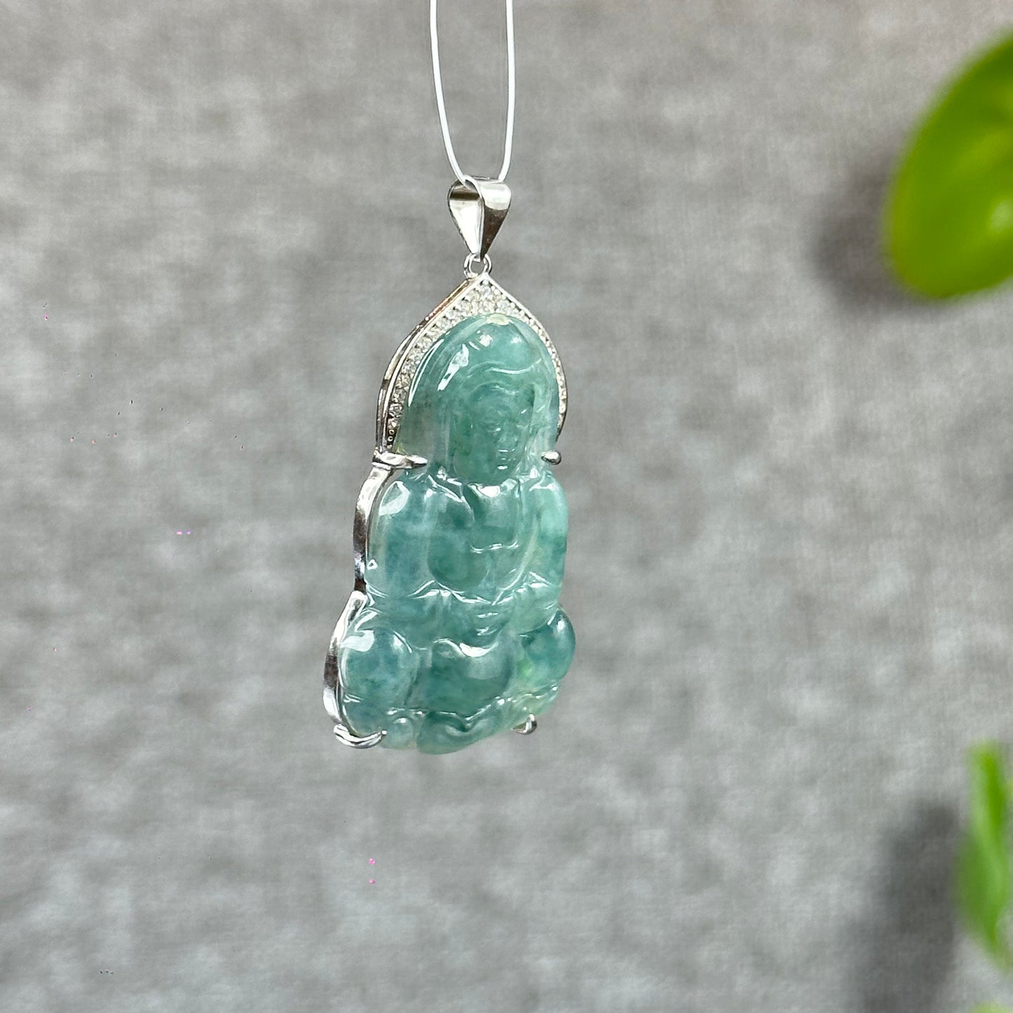 Icy Water Green Quan The Am Buddha Natural Jadeite Jade with White Stone Aura Pendant in Silver Simple setting