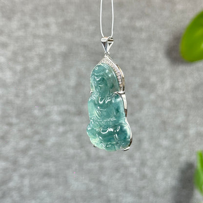 Icy Water Green Quan The Am Buddha Natural Jadeite Jade with White Stone Aura Pendant in Silver Simple setting