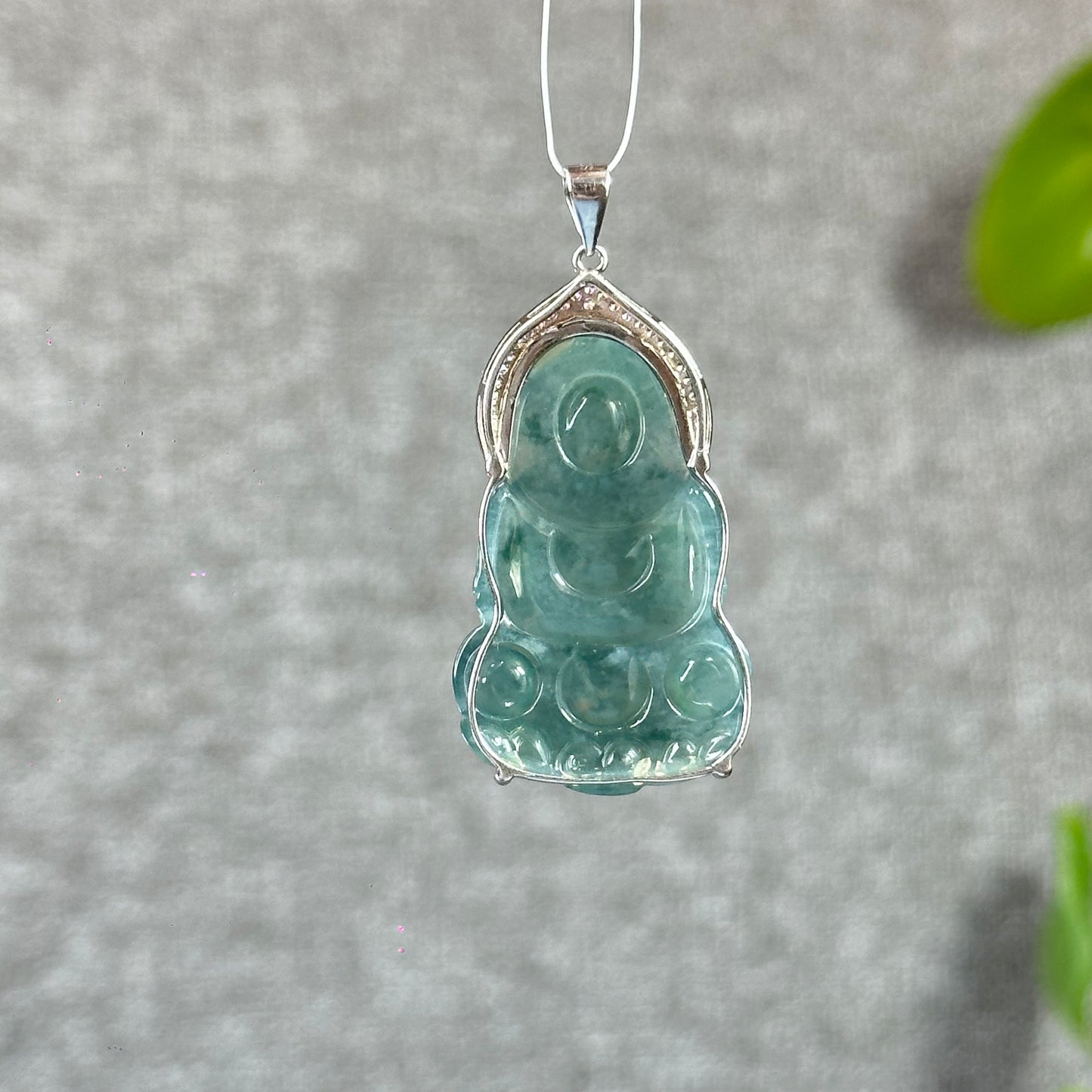 Icy Water Green Quan The Am Buddha Natural Jadeite Jade with White Stone Aura Pendant in Silver Simple setting