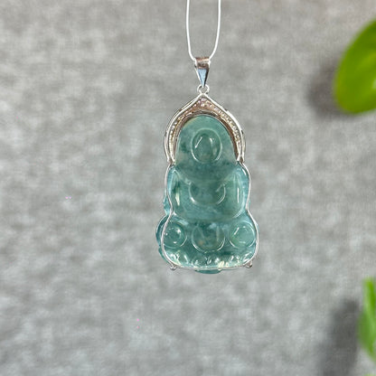 Icy Water Green Quan The Am Buddha Natural Jadeite Jade with White Stone Aura Pendant in Silver Simple setting
