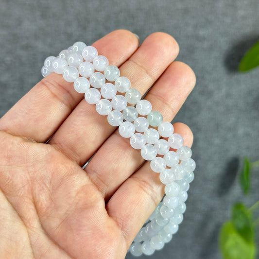 Natural Icy Ivory White with Floating Light Green Flower Natural Jadeite Jade Triple Wrap Bracelet Size 6.5 mm