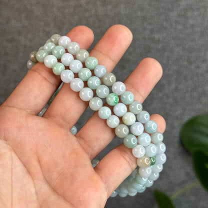 Mixed Light Green Natural Jadeite Jade Triple Wrap Bracelet Size 7.6 mm