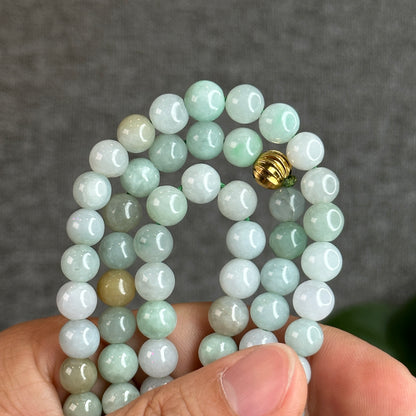 Mixed Light Green Natural Jadeite Jade Triple Wrap Bracelet Size 7.6 mm