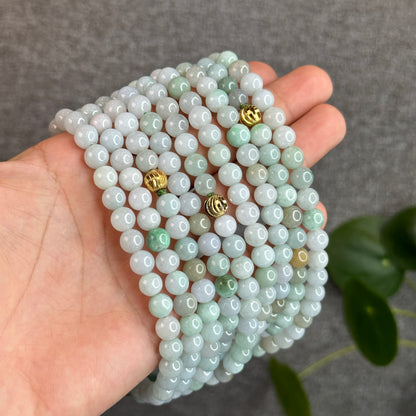 Mixed Light Green Natural Jadeite Jade Triple Wrap Bracelet Size 7.6 mm