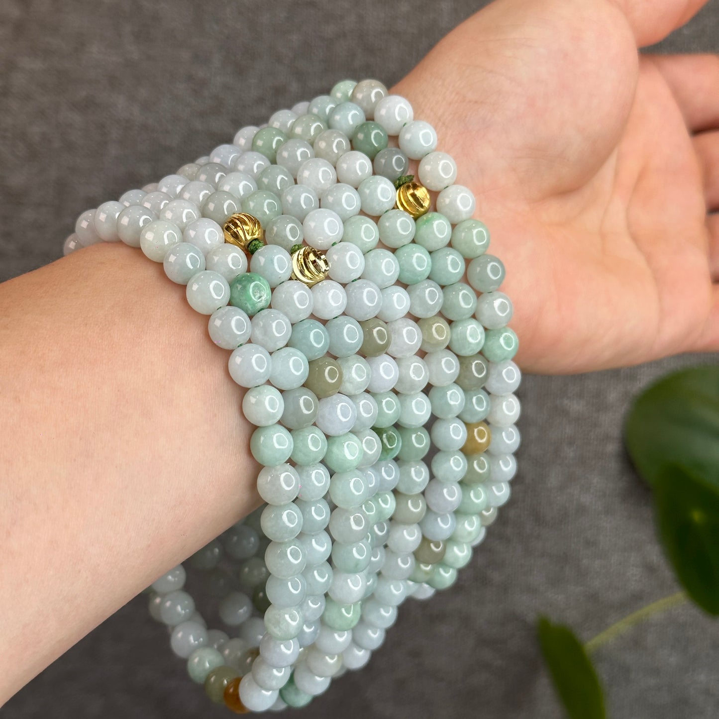 Mixed Light Green Jadeite Jade Triple Wrap Bracelet Size 7.6 mm