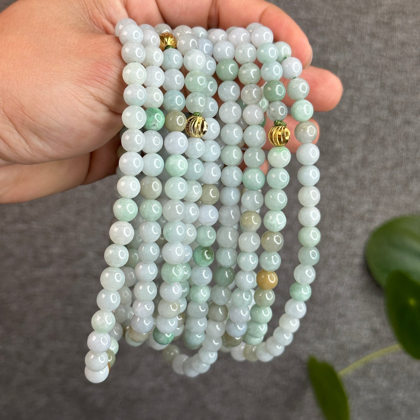 Mixed Light Green Jadeite Jade Triple Wrap Bracelet Size 7.6 mm