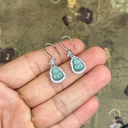 Natural Water Green Jadeite Jade Ho Lo Earrings with S925 Silver Setting