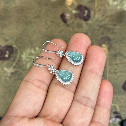 Natural Water Green Jadeite Jade Ho Lo Earrings with S925 Silver Setting