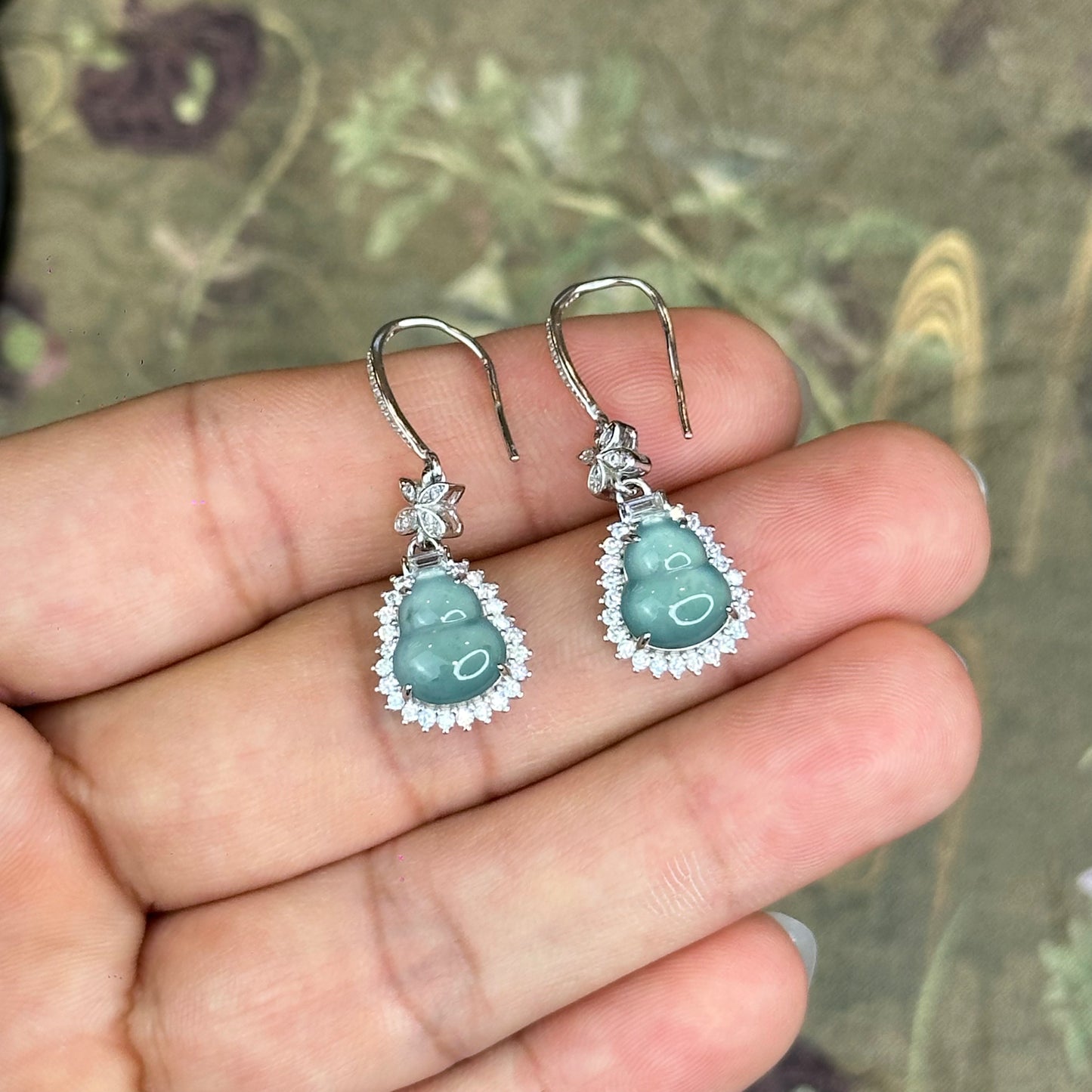 Natural Water Green Jadeite Jade Ho Lo Earrings with S925 Silver Setting