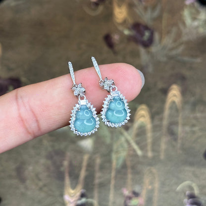 Natural Water Green Jadeite Jade Ho Lo Earrings with S925 Silver Setting