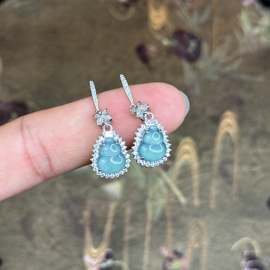 Natural Water Green Jadeite Jade Ho Lo Earrings with S925 Silver Setting