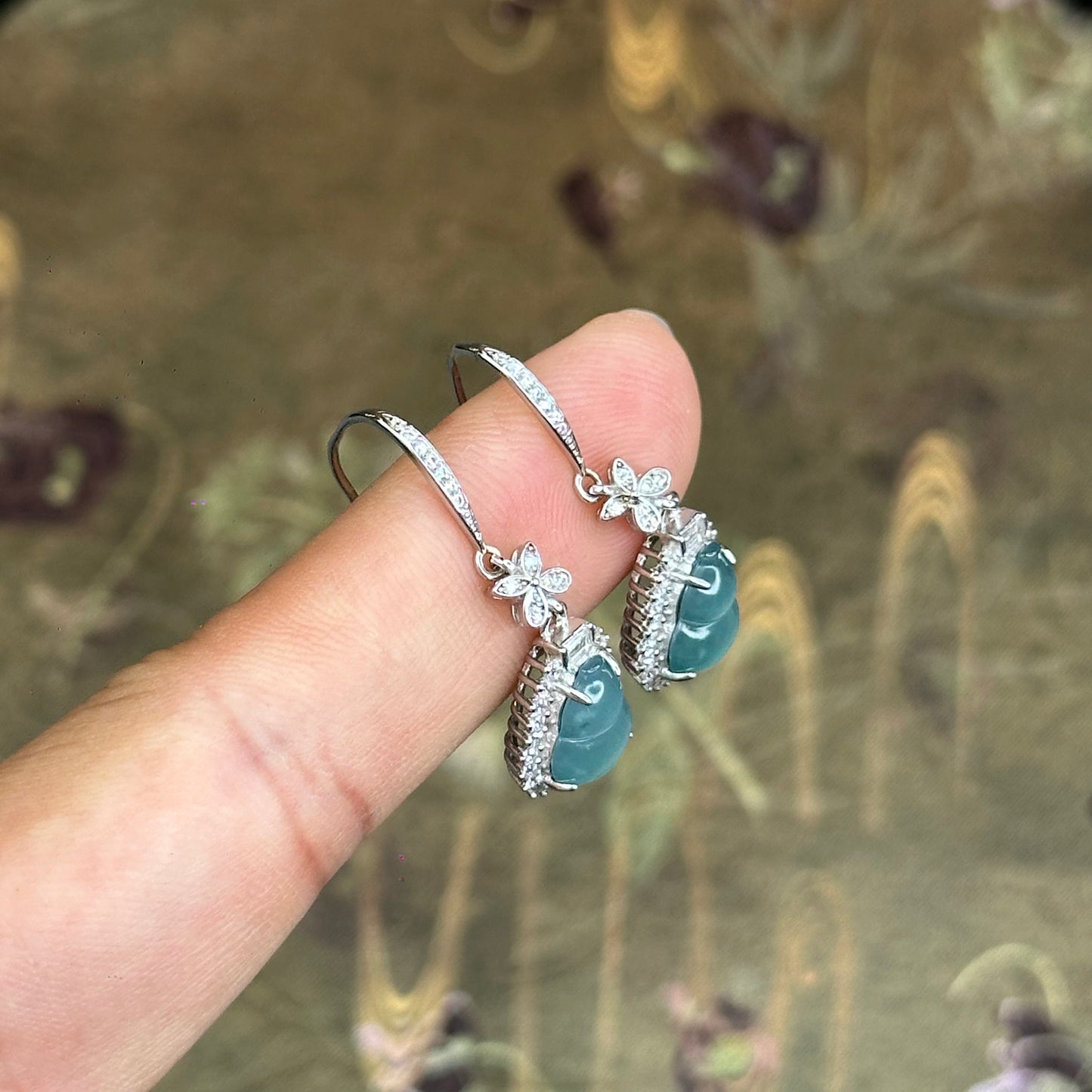 Natural Water Green Jadeite Jade Ho Lo Earrings with S925 Silver Setting
