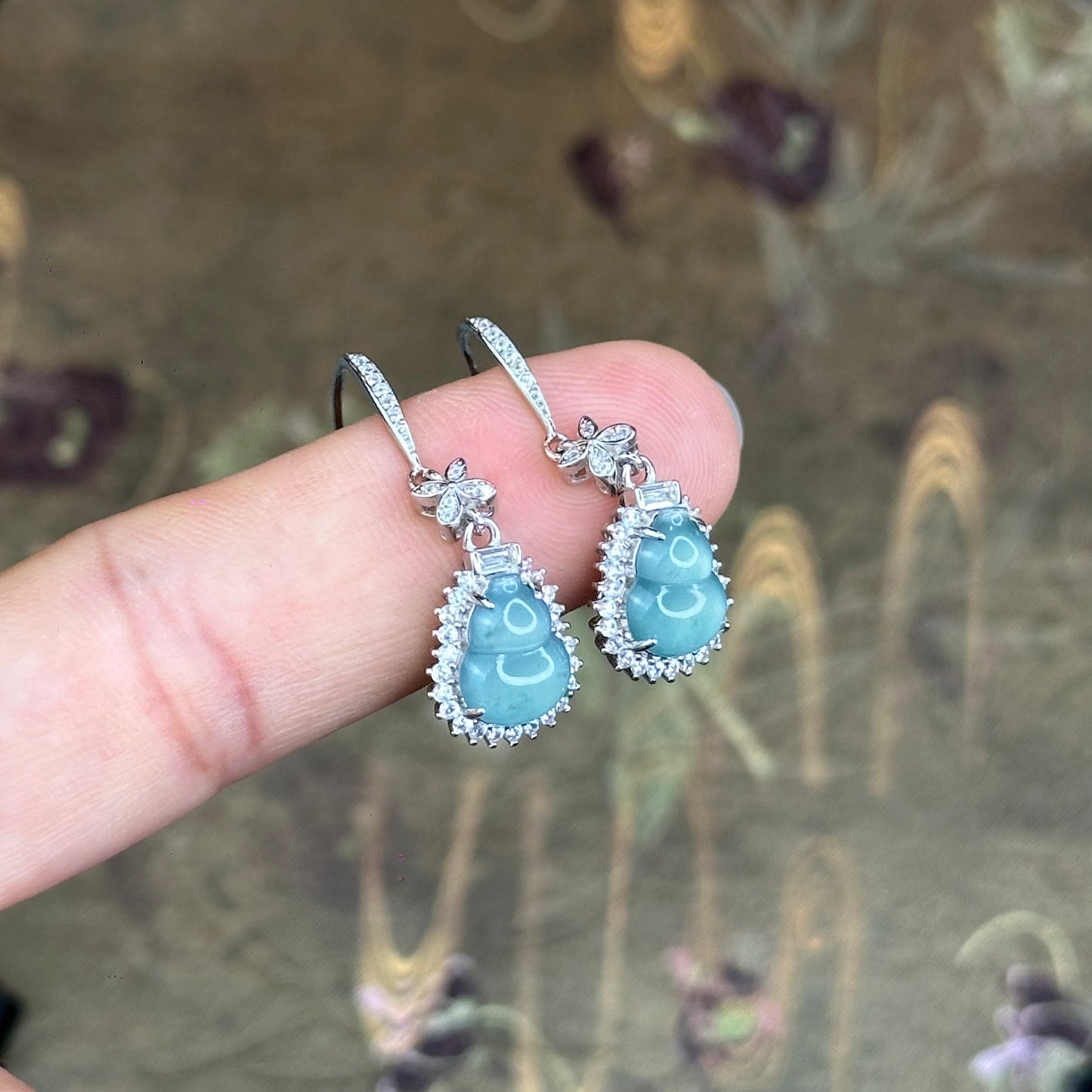 Natural Water Green Jadeite Jade Ho Lo Earrings with S925 Silver Setting