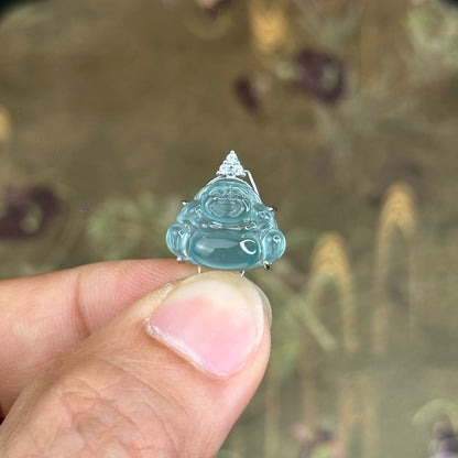 Natural Water Green Jadeite Jade Happy Buddha Pendant with S925 Silver Setting
