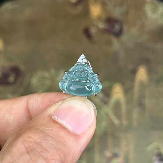 Natural Water Green Jadeite Jade Happy Buddha Pendant with S925 Silver Setting