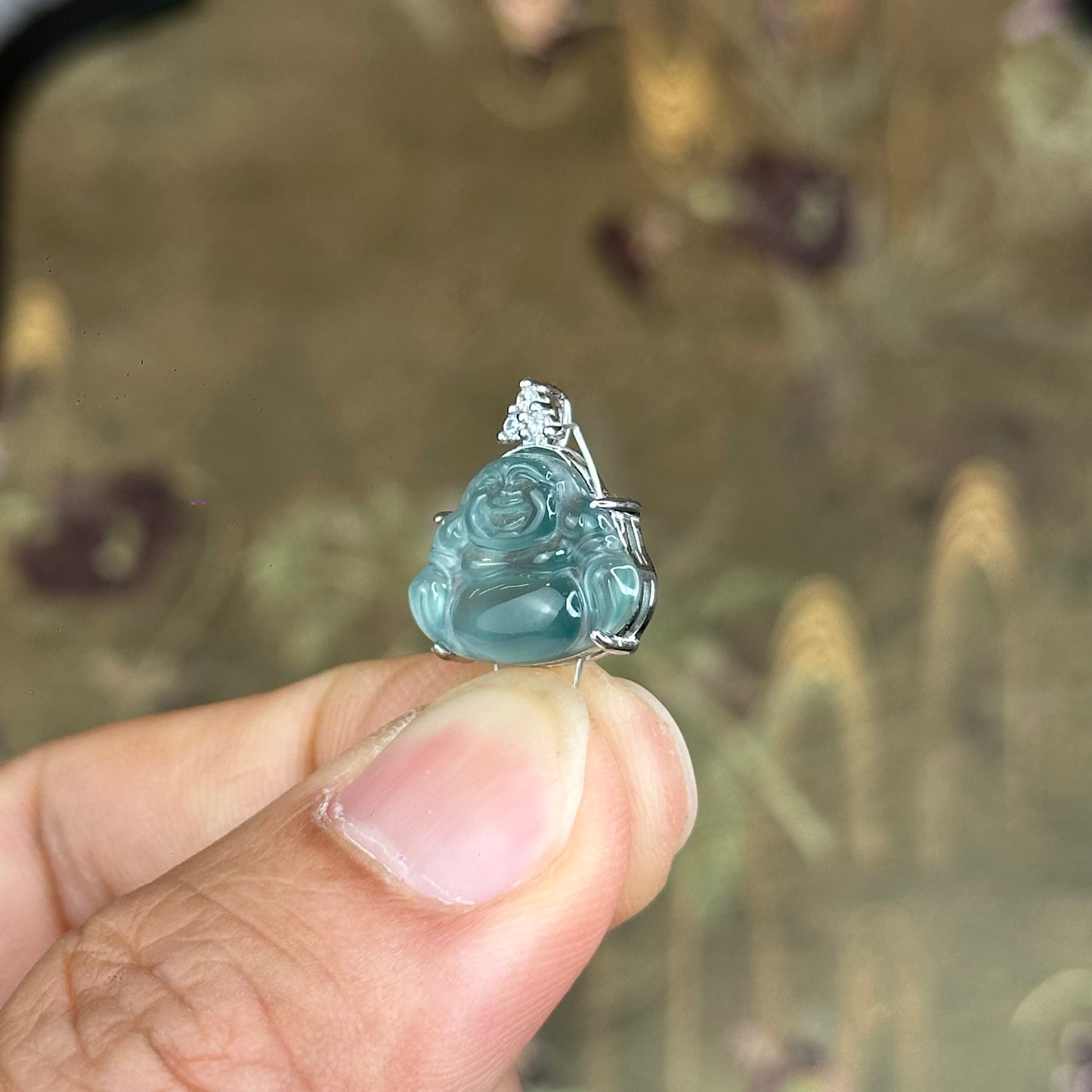 Natural Water Green Jadeite Jade Happy Buddha Pendant with S925 Silver Setting