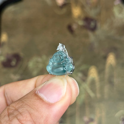 Natural Water Green Jadeite Jade Happy Buddha Pendant with S925 Silver Setting