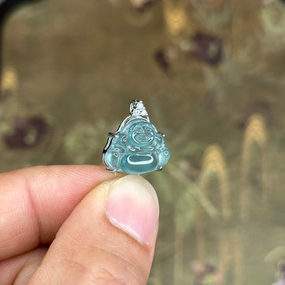 Natural Water Green Jadeite Jade Happy Buddha Pendant with S925 Silver Setting