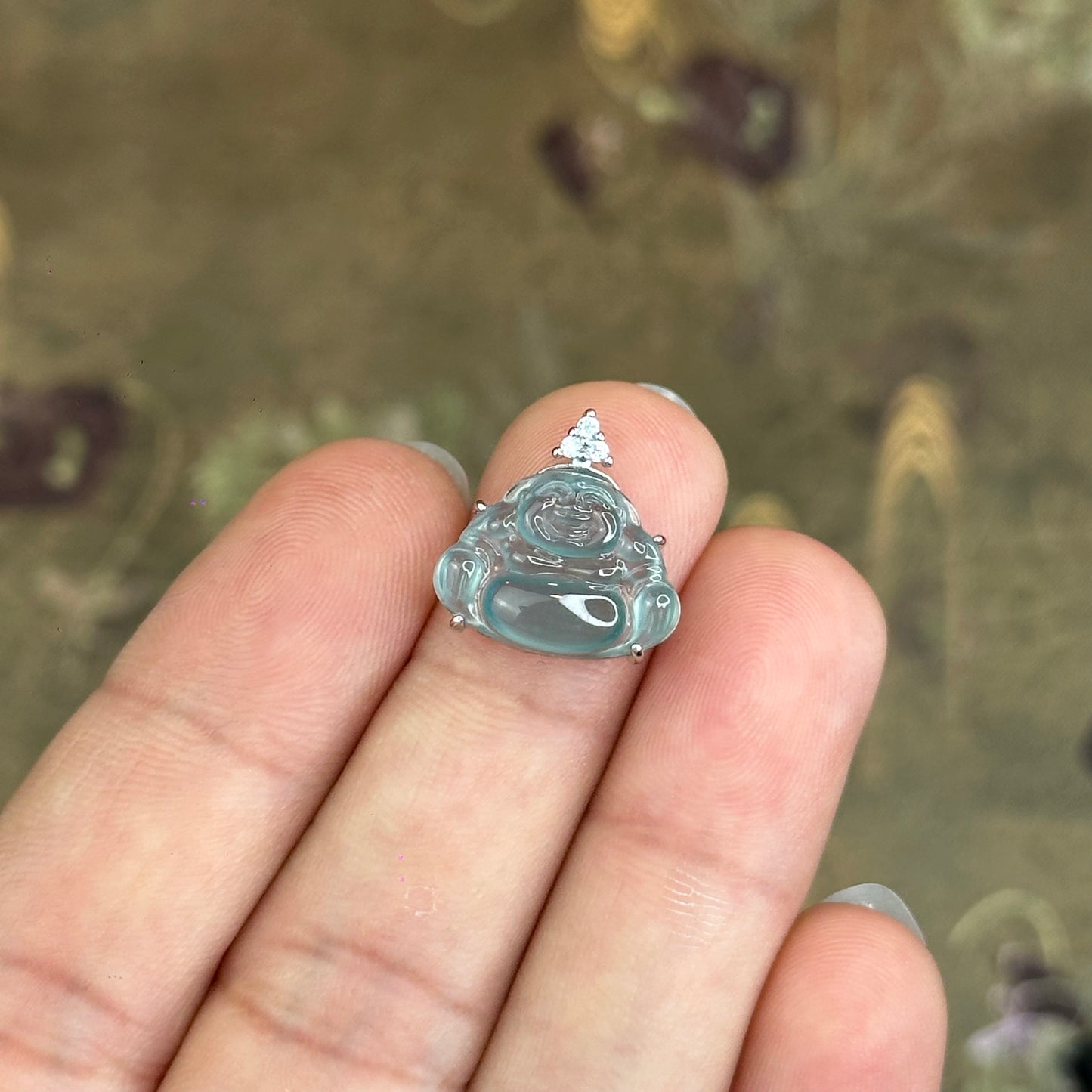 Natural Water Green Jadeite Jade Happy Buddha Pendant with S925 Silver Setting