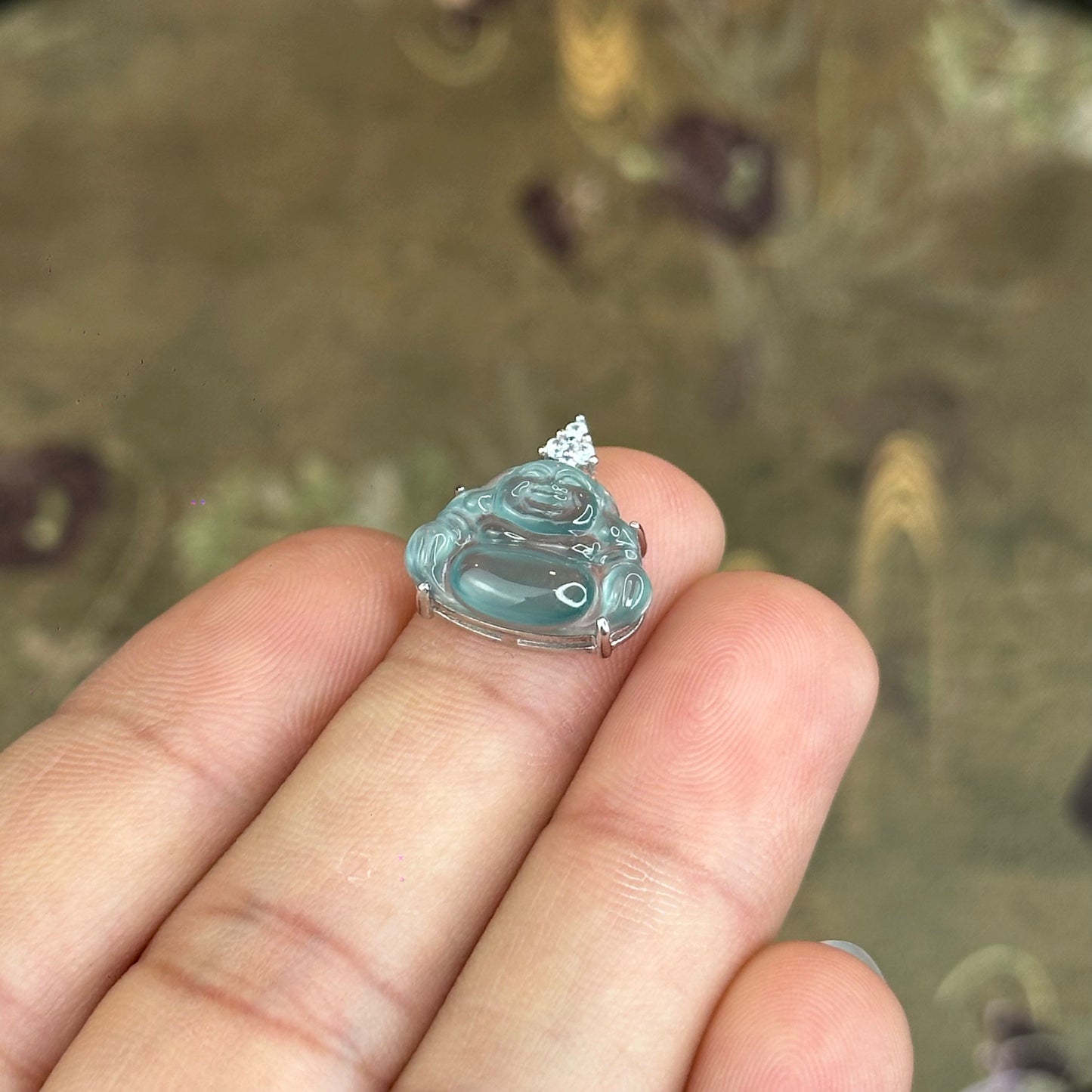 Natural Water Green Jadeite Jade Happy Buddha Pendant with S925 Silver Setting