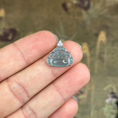 Natural Water Green Jadeite Jade Happy Buddha Pendant with S925 Silver Setting