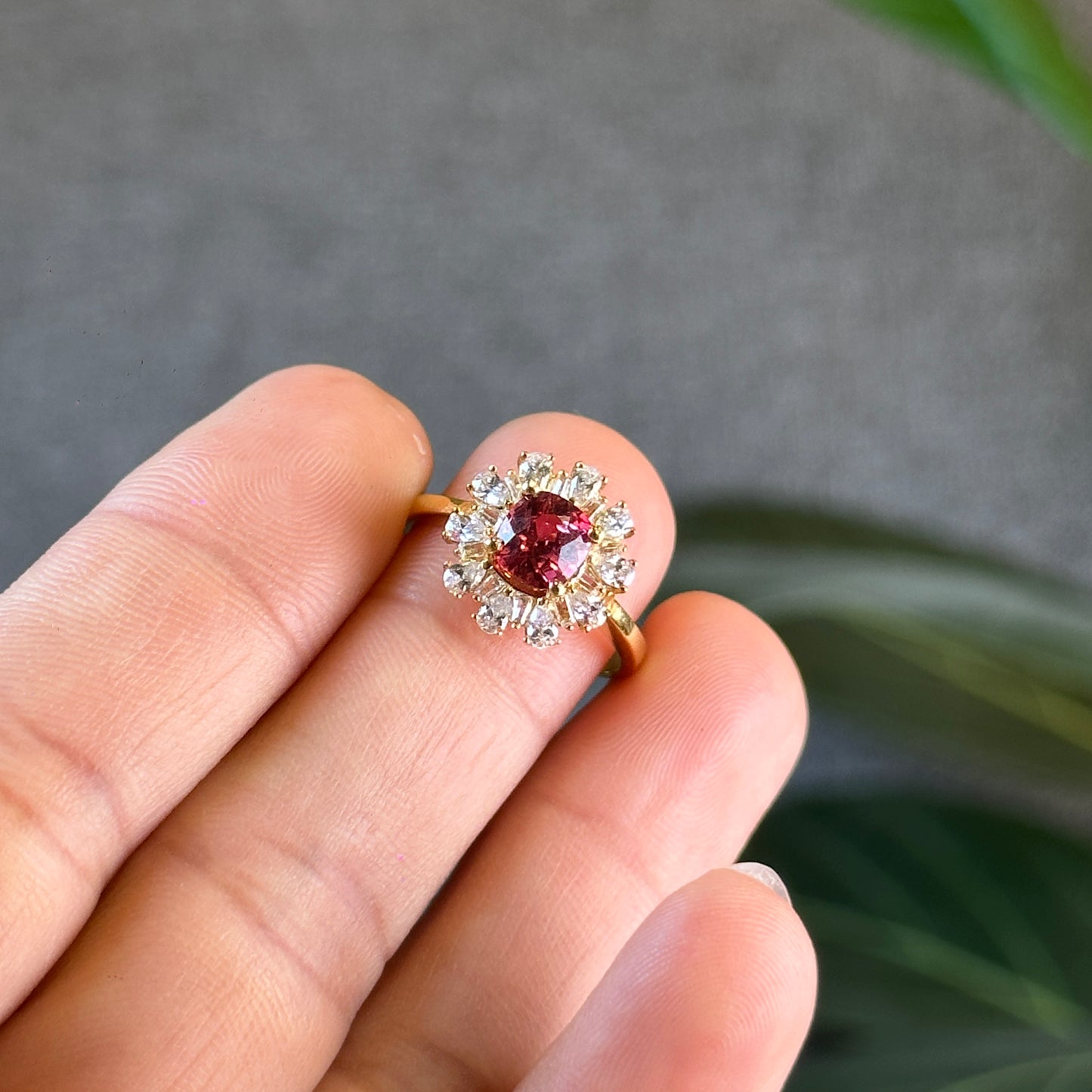 Natural Rosey Red Spinel Ring in 10K Yellow Gold with White Stone Setting Size 1.7