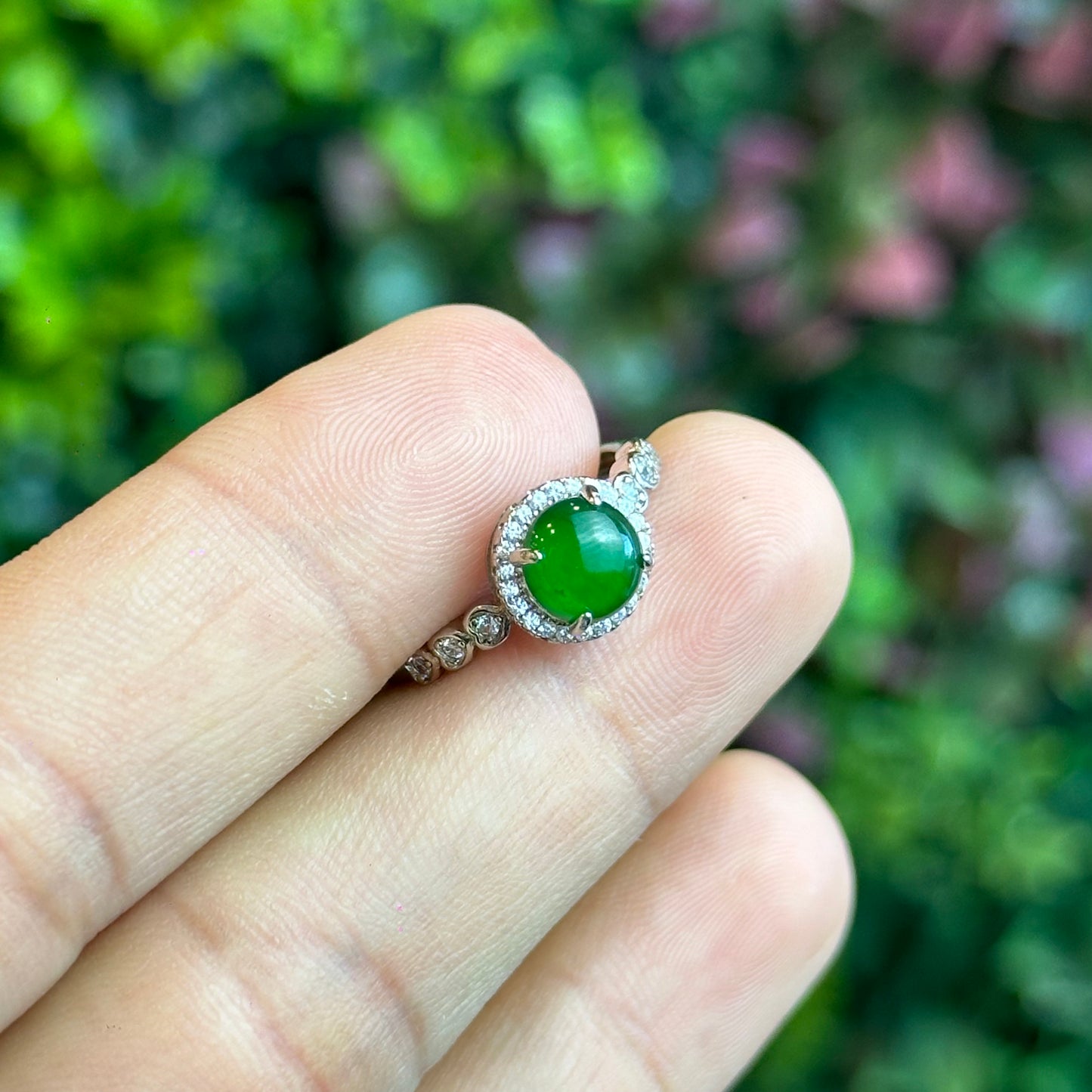 Round Halo Heart Shaped Icy Imperial Green Jadeite Jade Ring Free Size in Silver 925 Setting