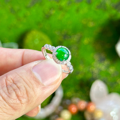 Round Halo Heart Shaped Icy Imperial Green Jadeite Jade Ring Free Size in Silver 925 Setting