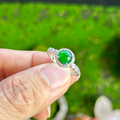 Round Halo Heart Shaped Icy Imperial Green Jadeite Jade Ring Free Size in Silver 925 Setting