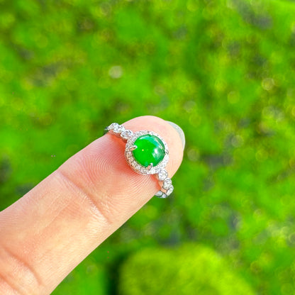 Round Halo Heart Shaped Icy Imperial Green Jadeite Jade Ring Free Size in Silver 925 Setting